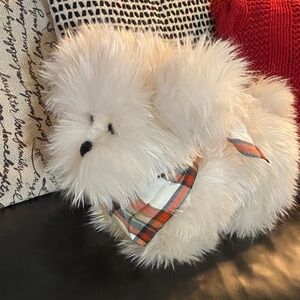 Luna the Luxe Fluffy White Plush Terrier Dog Pillow with Plaid Bandana NWT